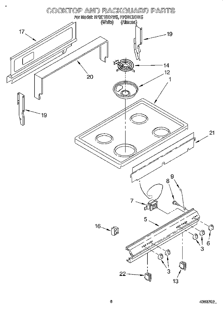 COOKTOP AND BACKGUARD Diagram and Parts List for RF3010XVW5  Whirlpool Range