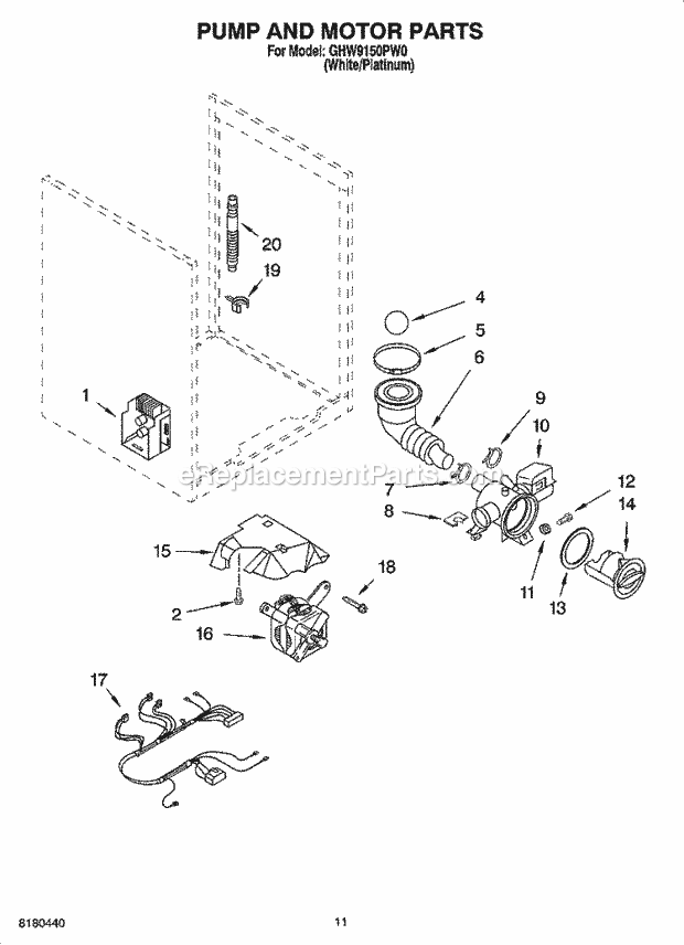 PUMP AND MOTOR PARTS, OPTIONAL PARTS (NOT INCLUDED) Diagram and Parts List for GHW9150PW0  Whirlpool Washer