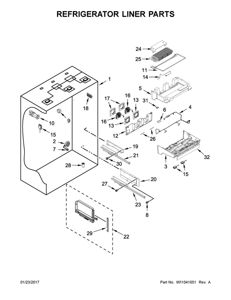 Refrigerator Liner Parts Diagram and Parts List for KBFN506EPA01  KitchenAid Refrigerator