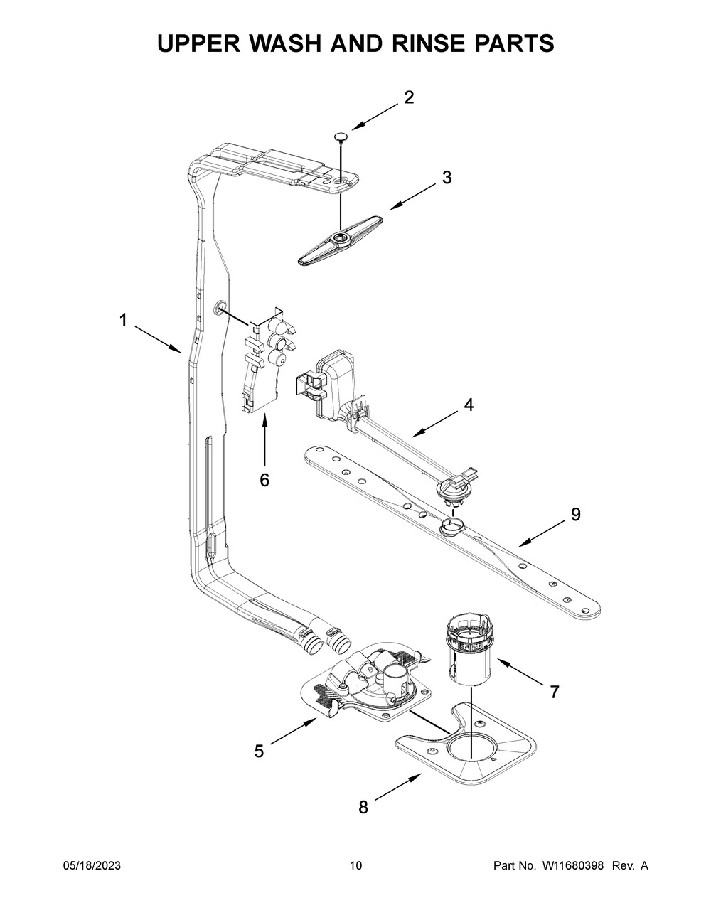 Upper Wash And Rinse Parts Diagram and Parts List for WDTA50SAKB2  Whirlpool Dishwasher
