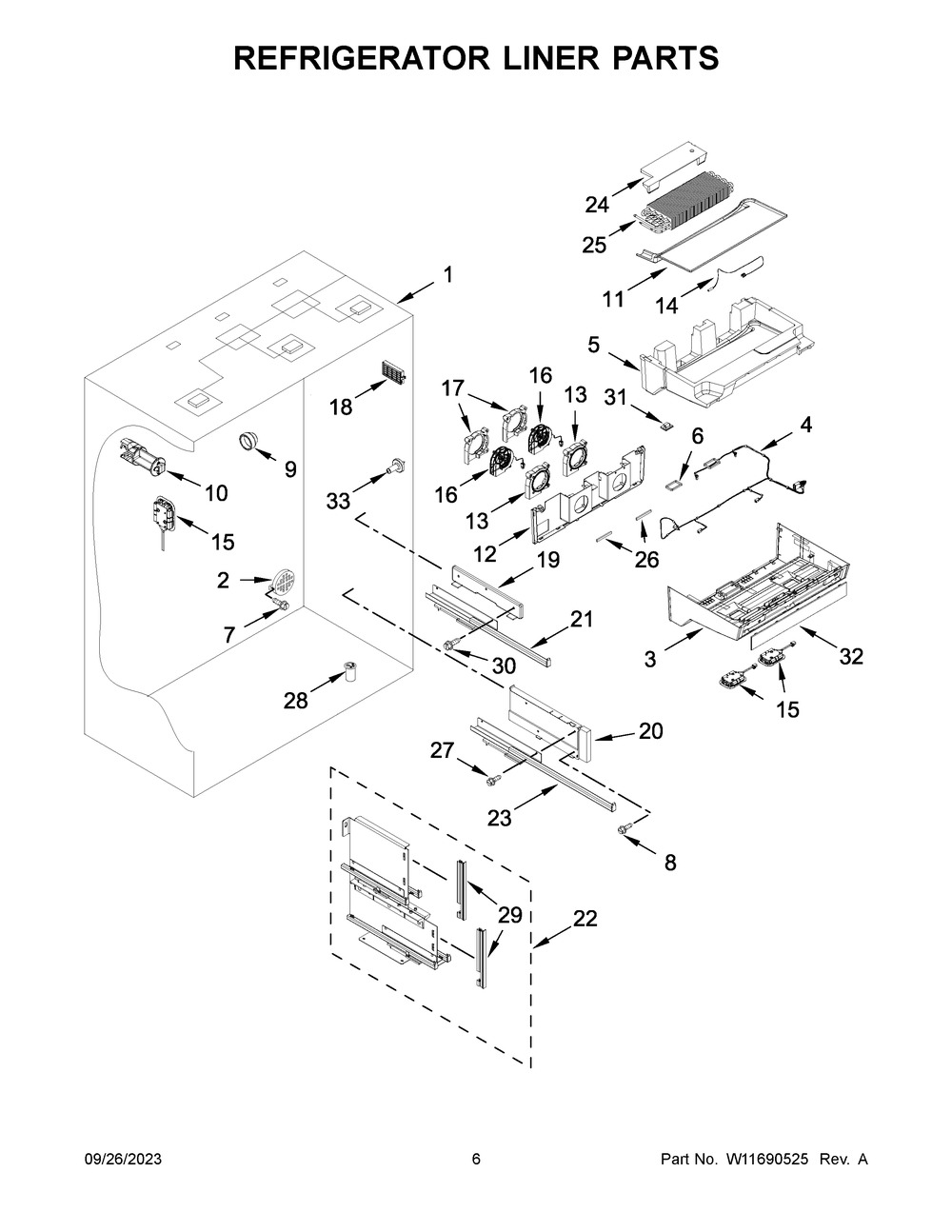 Refrigerator Liner Parts Diagram and Parts List for KBFN502EPA05  KitchenAid Refrigerator