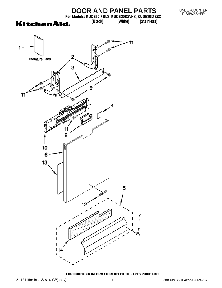 DOOR AND PANEL PARTS Diagram and Parts List for KUDE20IXBL8  KitchenAid Dishwasher