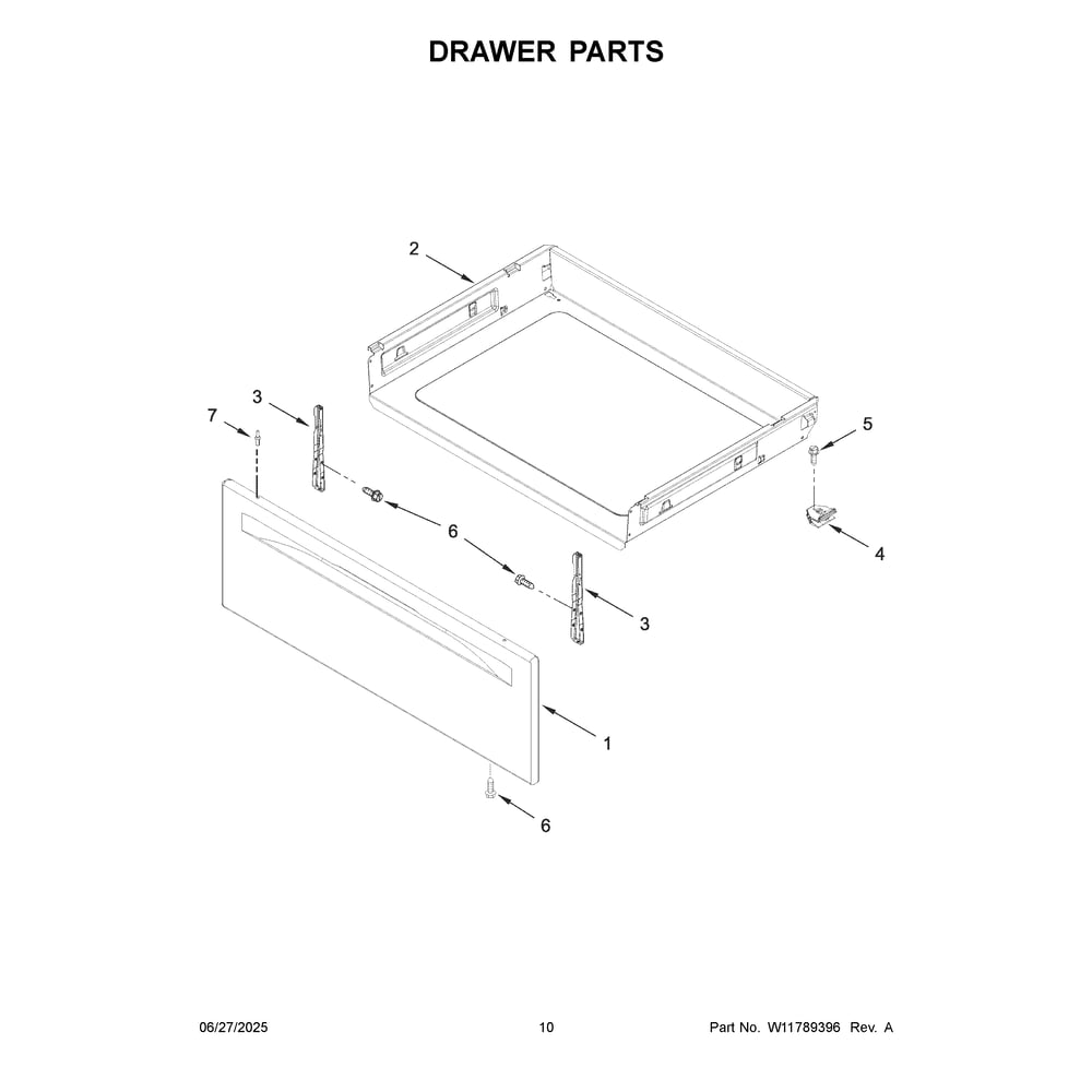 Drawer Parts Diagram and Parts List for YWFES4530SW0  Whirlpool Range