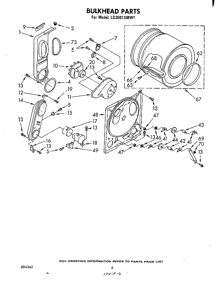 BULKHEAD Diagram and Parts List for LG3001XMW1  Whirlpool Dryer