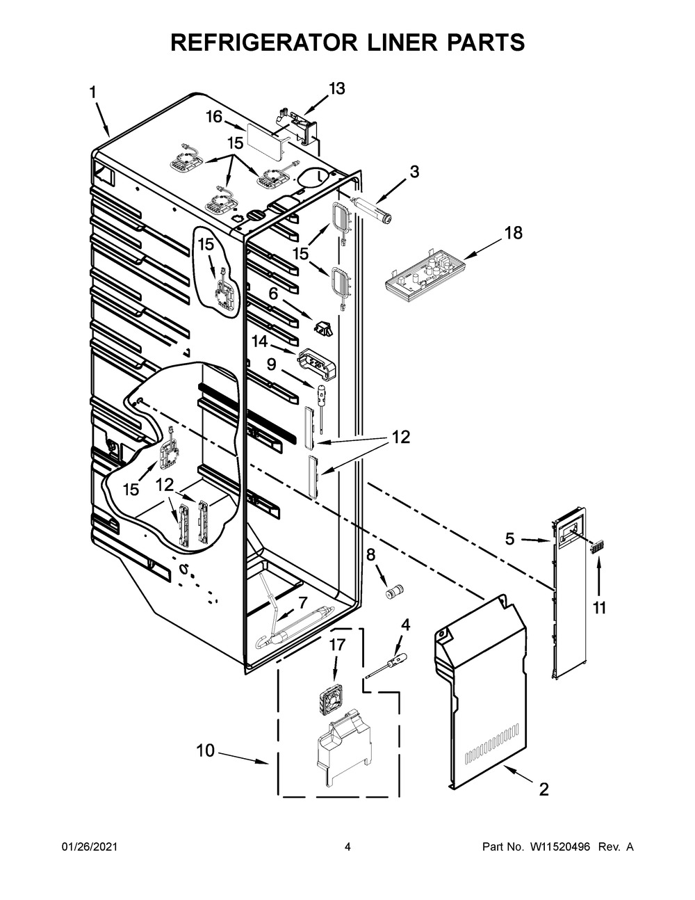 Refrigerator Liner Parts Diagram and Parts List for WRS973CIHZ01  Whirlpool Refrigerator