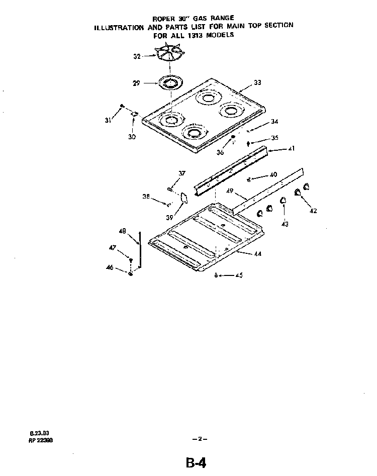 Main Top Diagram and Parts List for 1313*1A  Roper Range