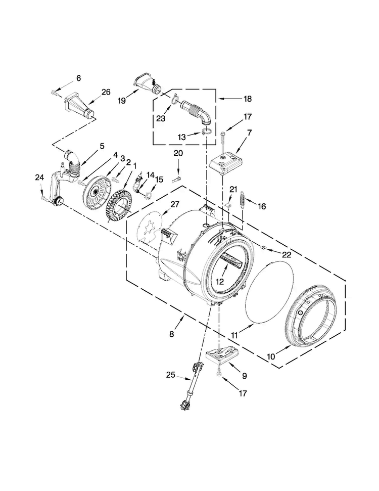 Tub And Basket Parts Diagram and Parts List for WFW70HEBW1  Whirlpool Washer
