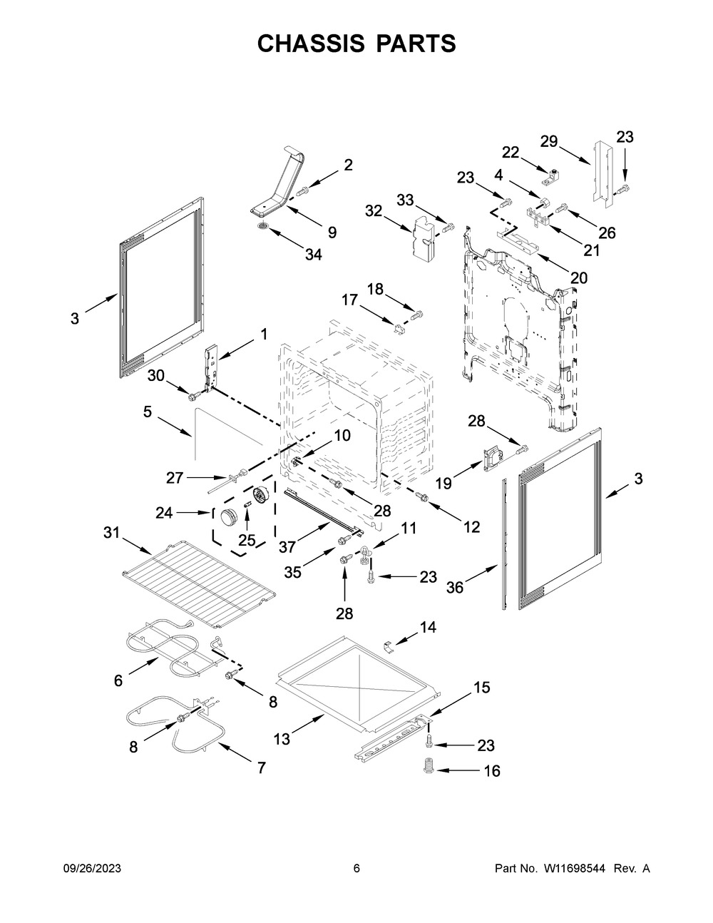 Chassis Parts Diagram and Parts List for WFE505W0HW6  Whirlpool Range
