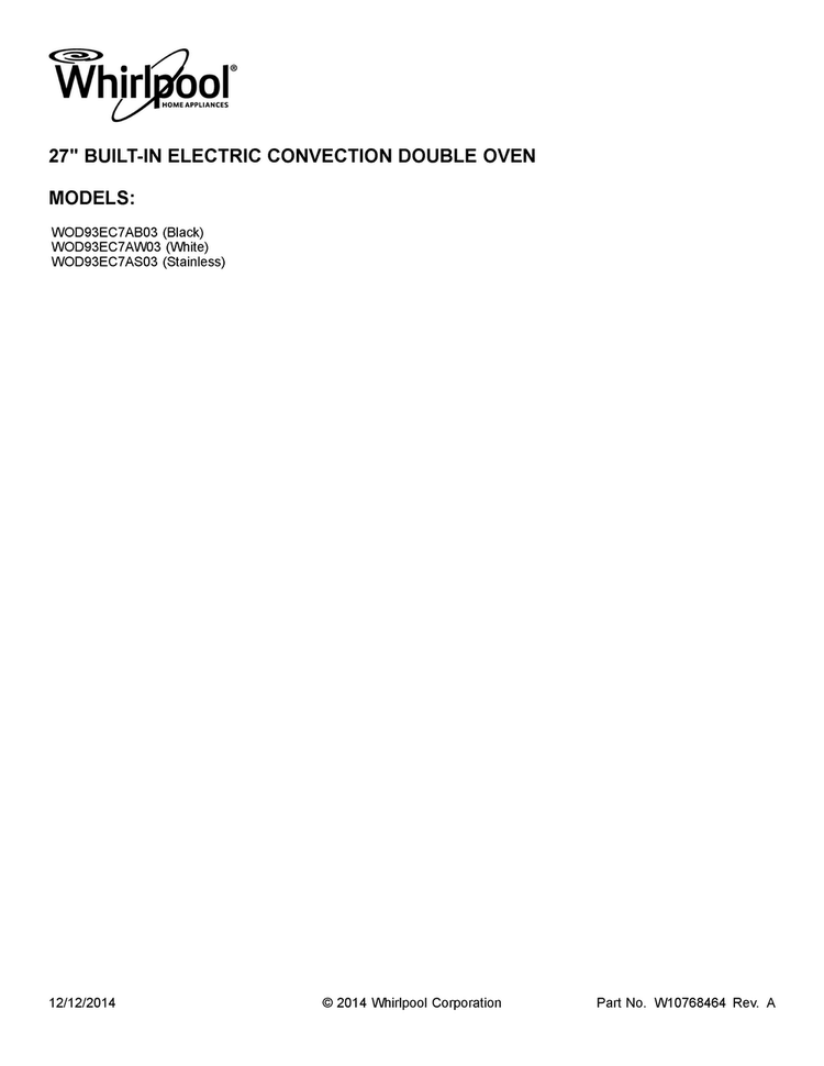 Cover Sheet Diagram and Parts List for WOD93EC7AB03  Whirlpool Wall Oven