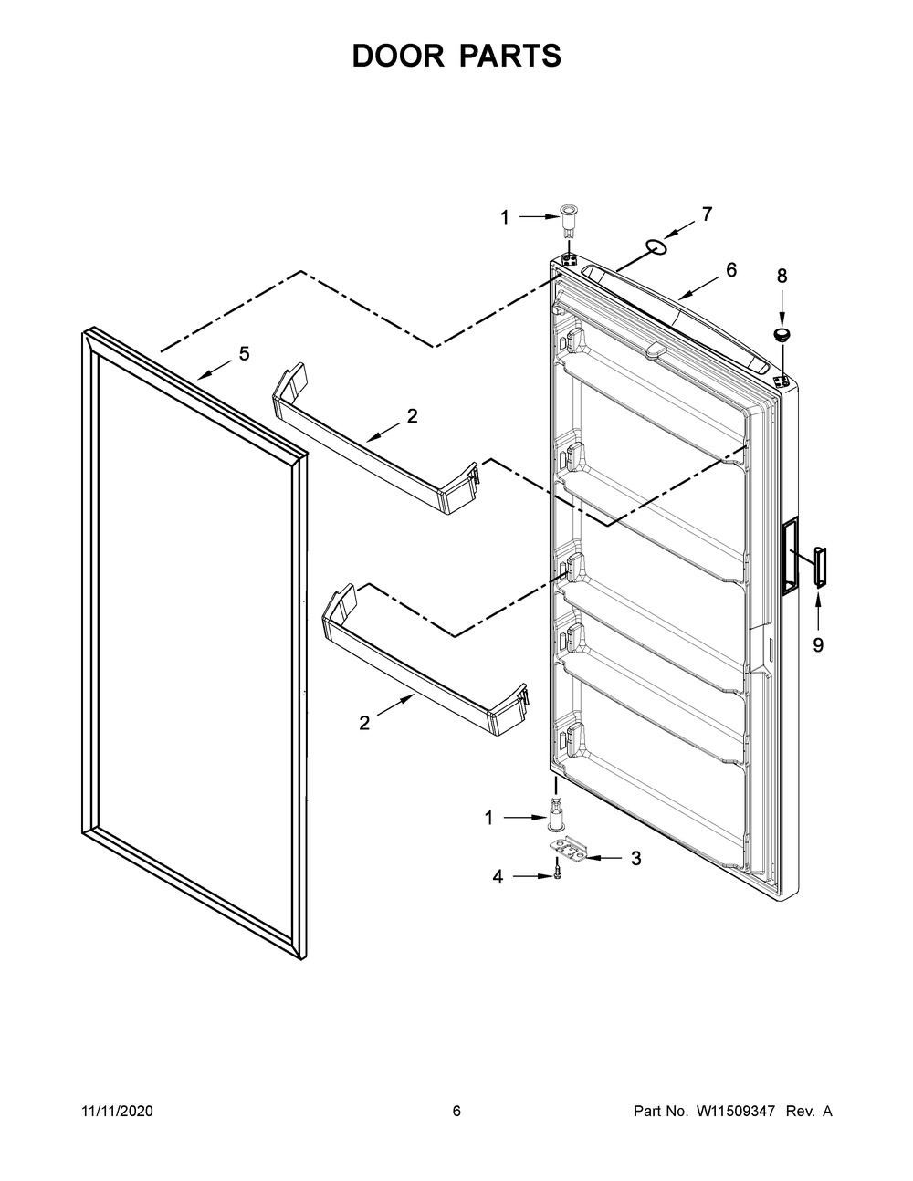 Door Parts Diagram and Parts List for MZF34X16DW06  Whirlpool Refrigerator