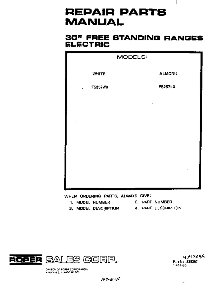 Front Cover Diagram and Parts List for F5257*0  Roper Range