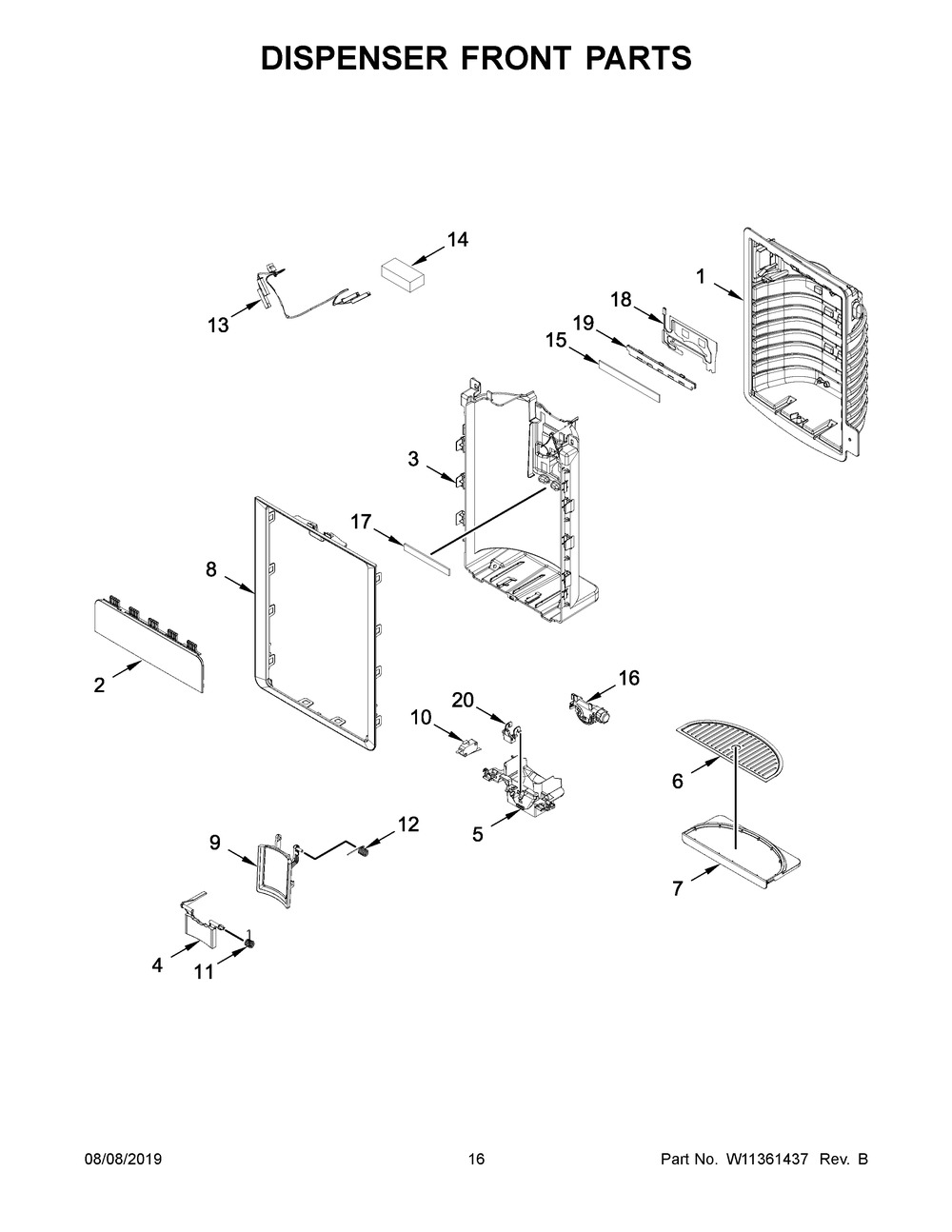 Dispenser Front Parts Diagram and Parts List for KRFC704FSS02  Whirlpool Refrigerator
