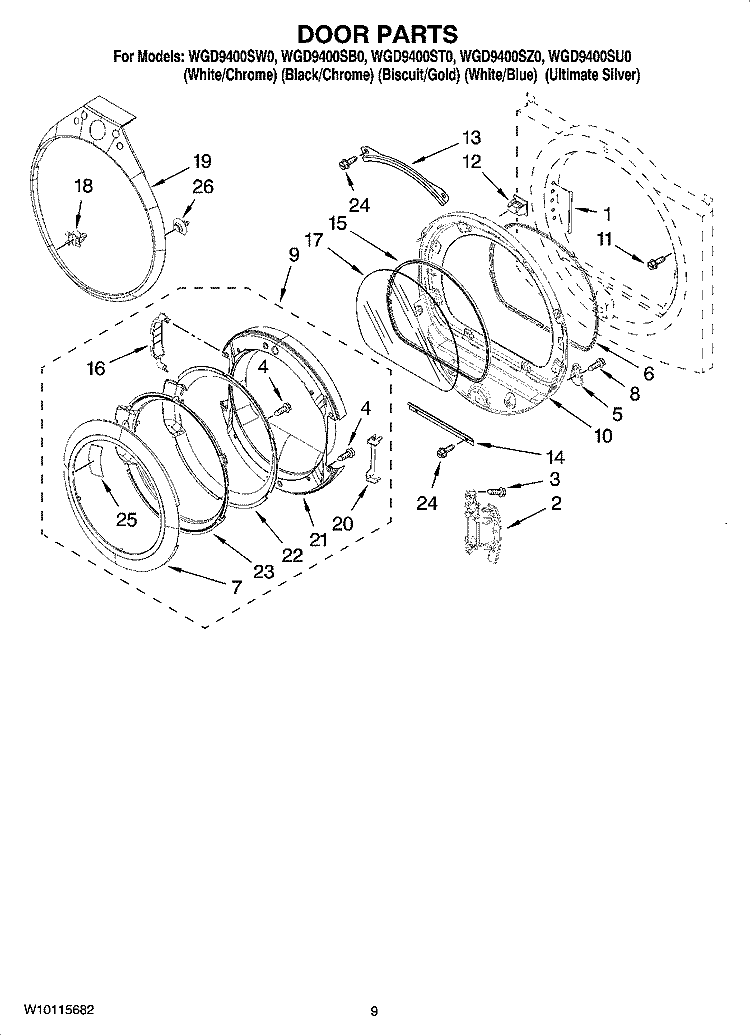 DOOR PARTS, OPTIONAL PARTS (NOT INCLUDED) Diagram and Parts List for WGD9400SW0  Whirlpool Dryer