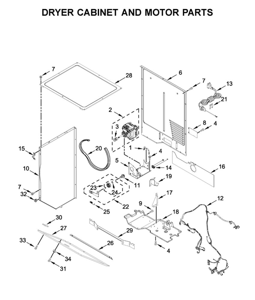 Dryer Cabinet And Motor Parts Diagram and Parts List for 7MWGT4027HW1  Whirlpool Washer Dryer Combo