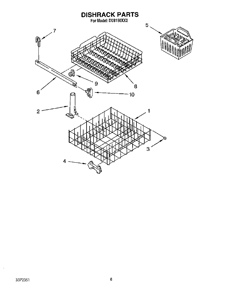 DISHRACK Diagram and Parts List for DU8150XX2  Whirlpool Dishwasher