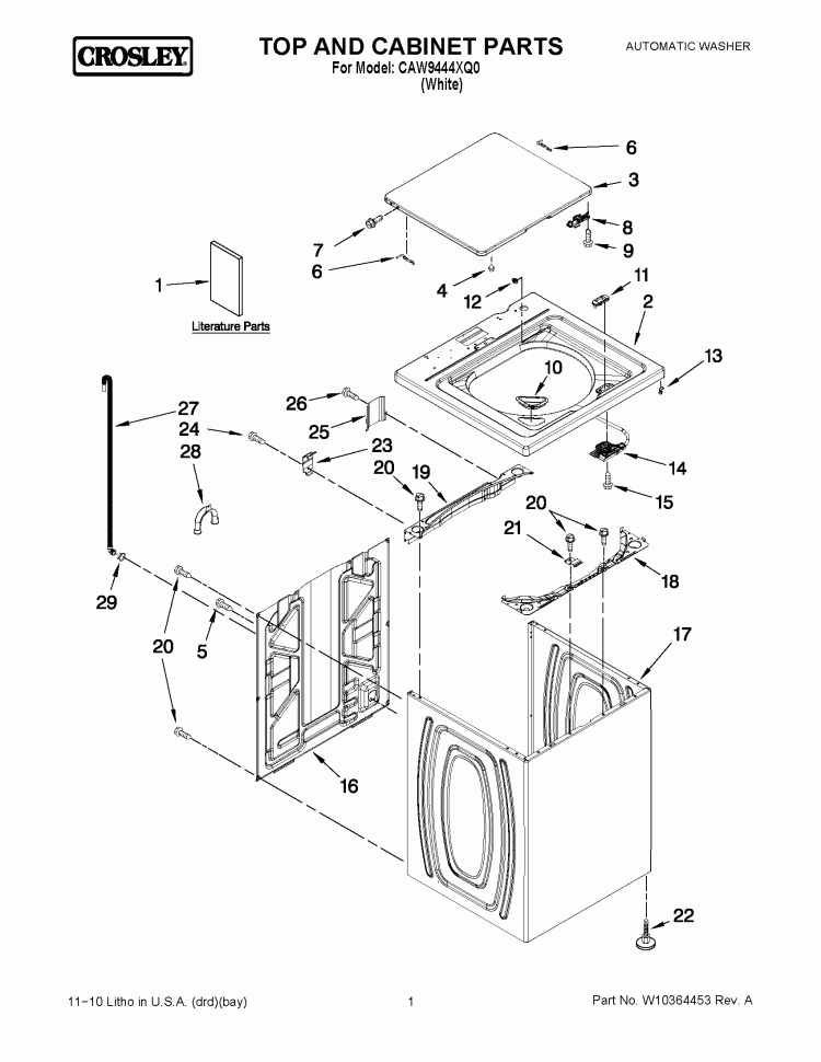 TOP AND CABINET PARTS Diagram and Parts List for CAW9444XQ0  Whirlpool Washer