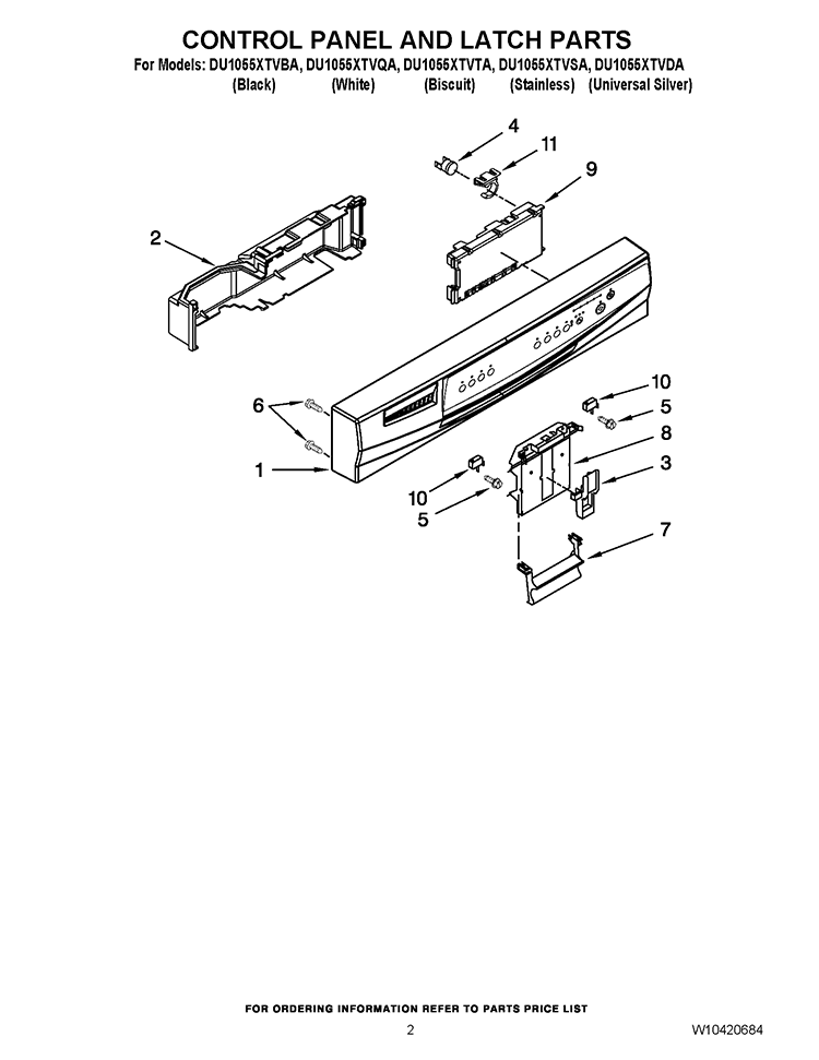 CONTROL PANEL AND LATCH PARTS Diagram and Parts List for DU1055XTVDA  Whirlpool Dishwasher