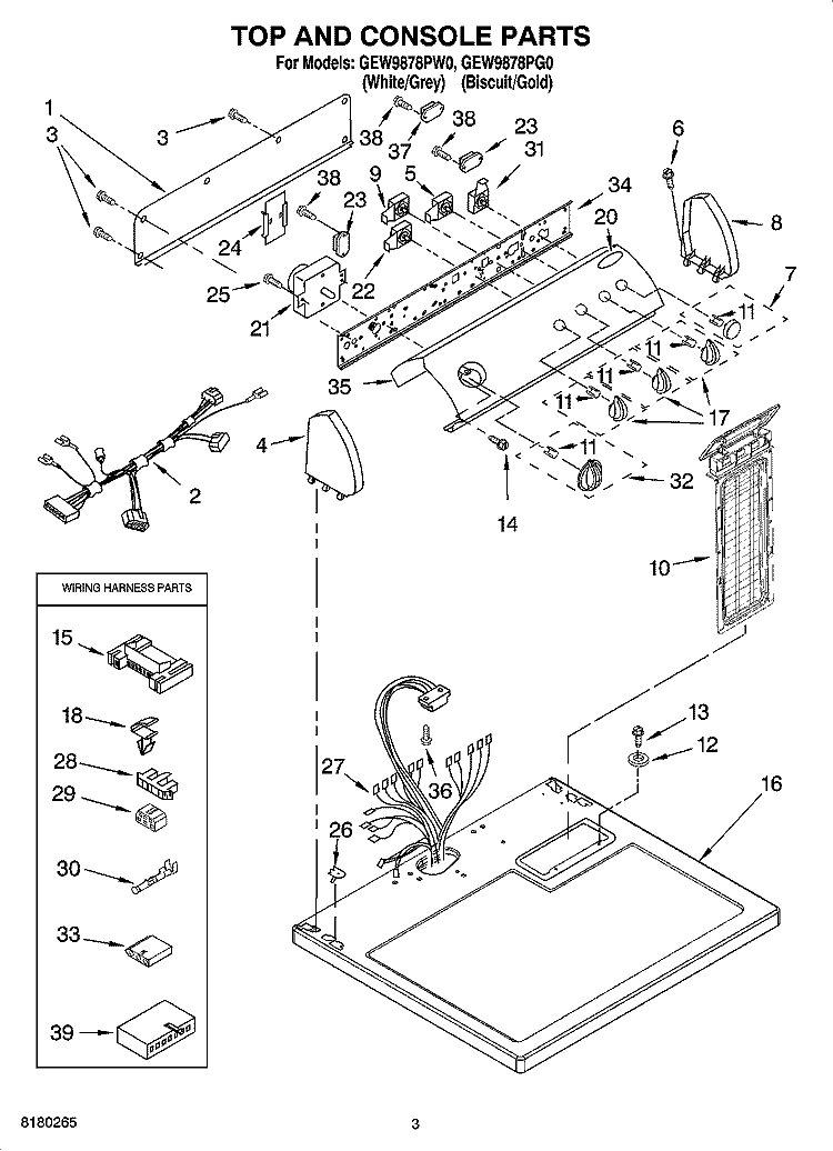 TOP AND CONSOLE PARTS Diagram and Parts List for GEW9878PW0  Whirlpool Dryer
