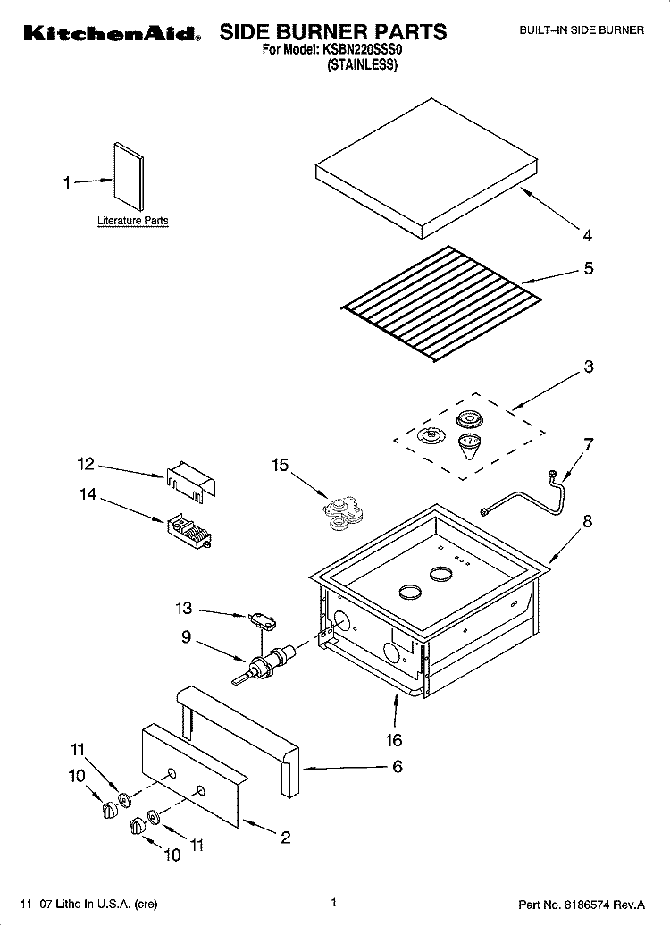 SIDE BURNER PARTS Diagram and Parts List for KSBN220SSS0  KitchenAid Grill