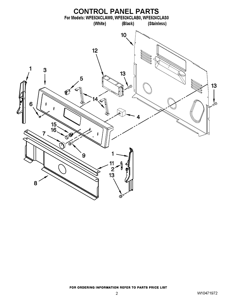 CONTROL PANEL PARTS Diagram and Parts List for WFE524CLAB0  Whirlpool Range