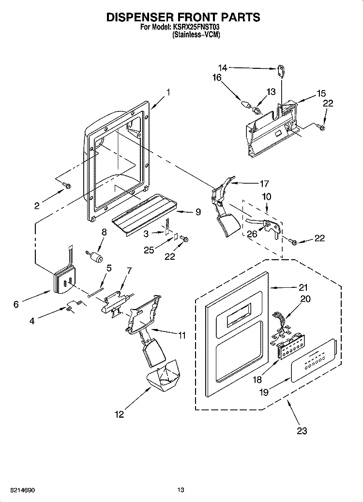 DISPENSER FRONT PARTS Diagram and Parts List for KSRX25FNST03  KitchenAid Refrigerator