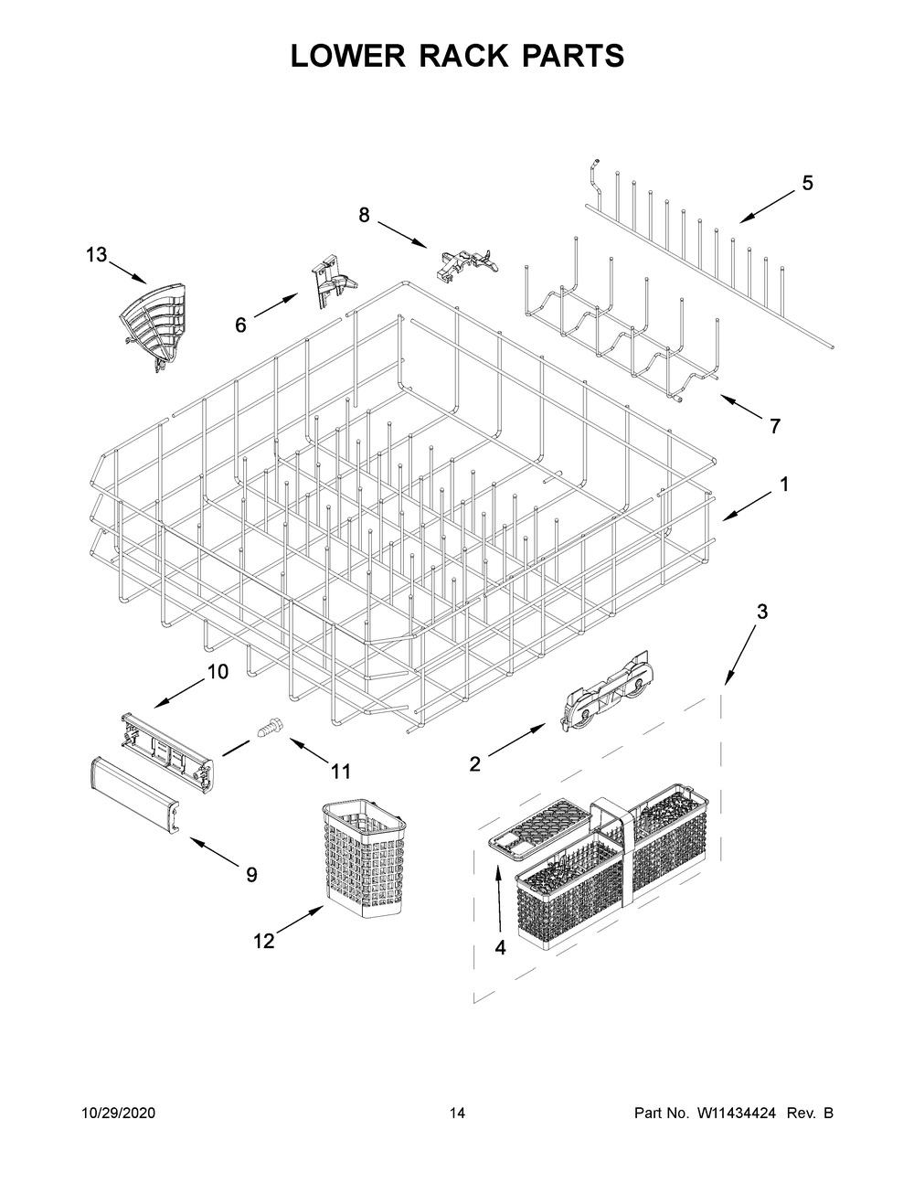 Lower Rack Parts Diagram and Parts List for KDTM804KPS0  Whirlpool Dishwasher