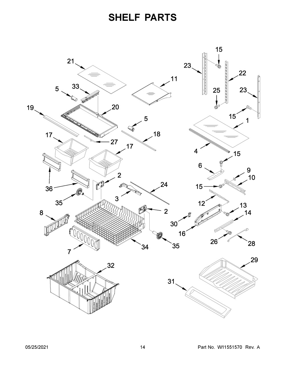 Shelf Parts Diagram and Parts List for WRF535SMHW05  Whirlpool Refrigerator