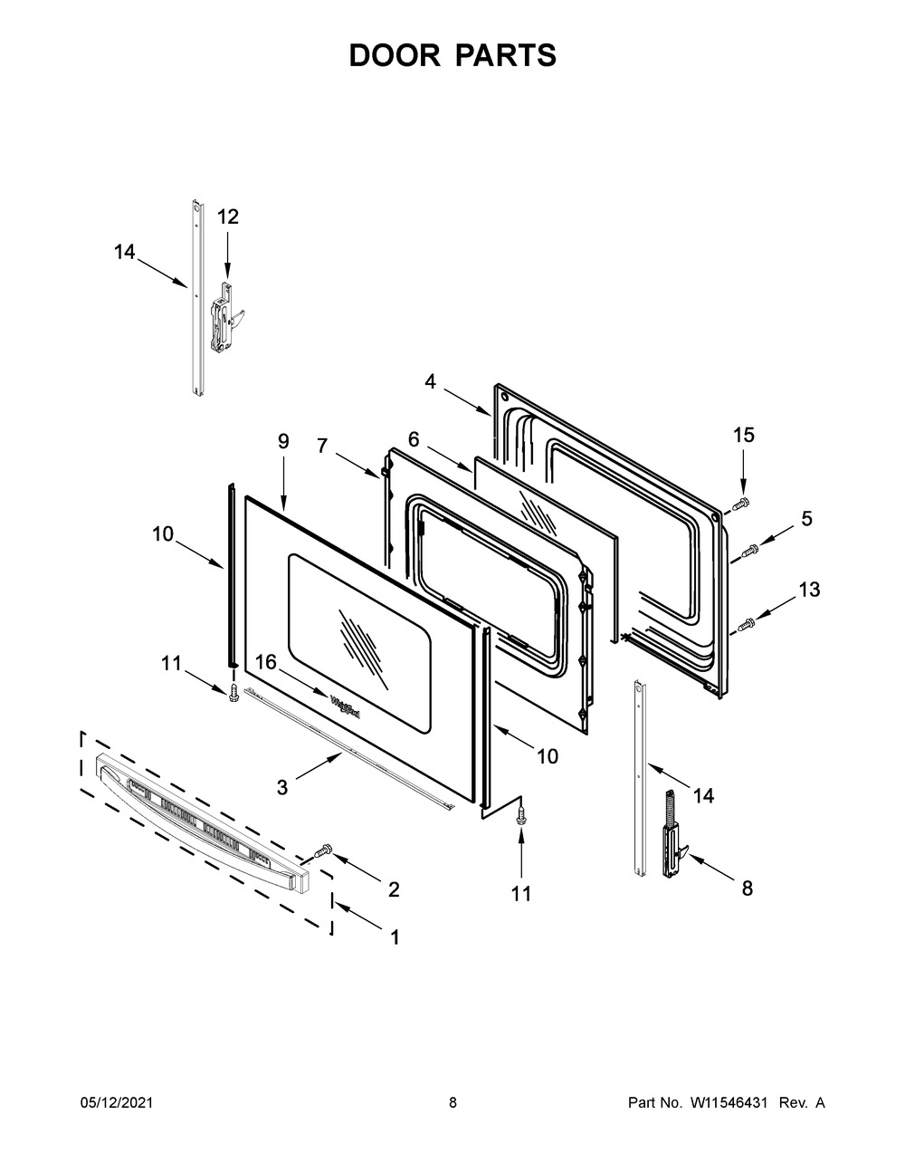 Door Parts Diagram and Parts List for YWFE505W0JZ1  Whirlpool Range