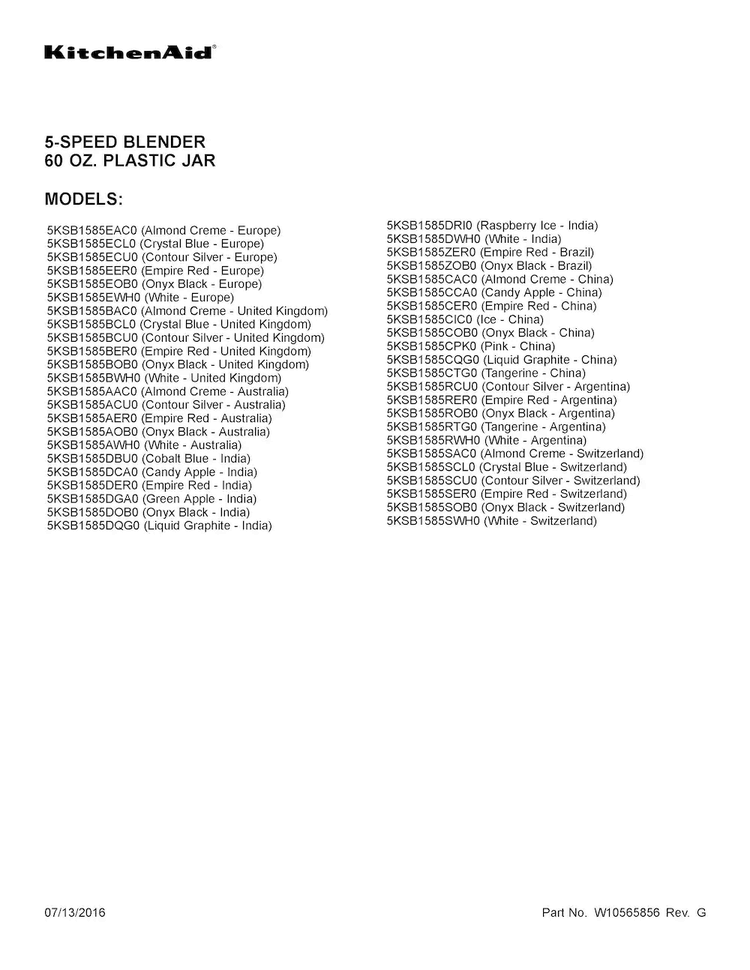 Cover Sheet Diagram and Parts List for 5KSB1585ECU0  KitchenAid Blender