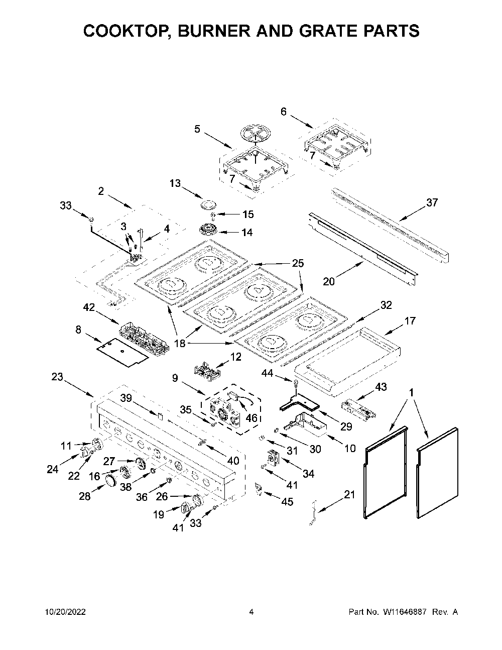 Cooktop, Burner And Grate Parts Diagram and Parts List for KFGC558JSC05  KitchenAid Range
