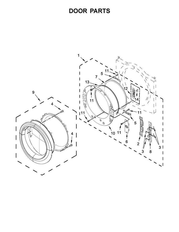Door Parts Diagram and Parts List for WED7590FW0  Whirlpool Dryer