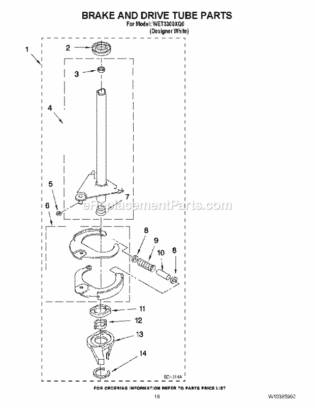 BRAKE AND DRIVE TUBE PARTS Diagram and Parts List for WET3300XQ0  Whirlpool Washer Dryer Combo