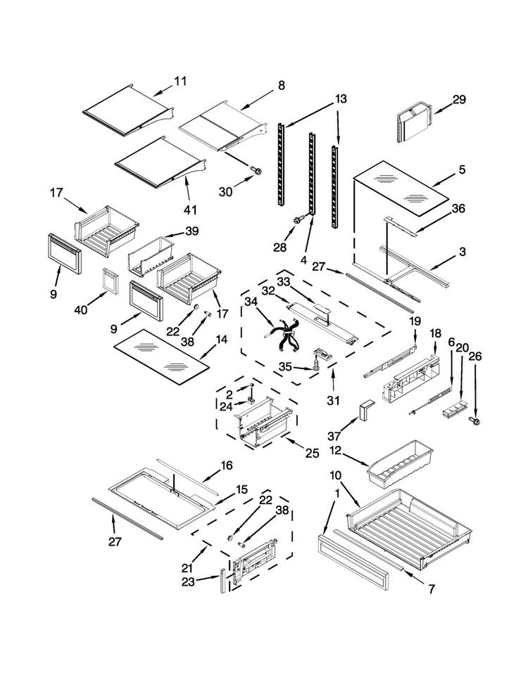 Shelf Parts Diagram and Parts List for WRF997SDDM02  Whirlpool Refrigerator