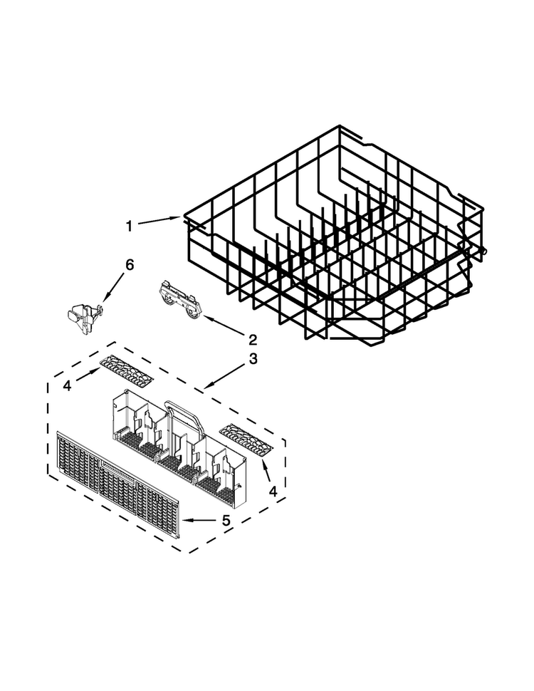 Lower Rack Parts Diagram and Parts List for 7WDF530PAYM6  Whirlpool Dishwasher