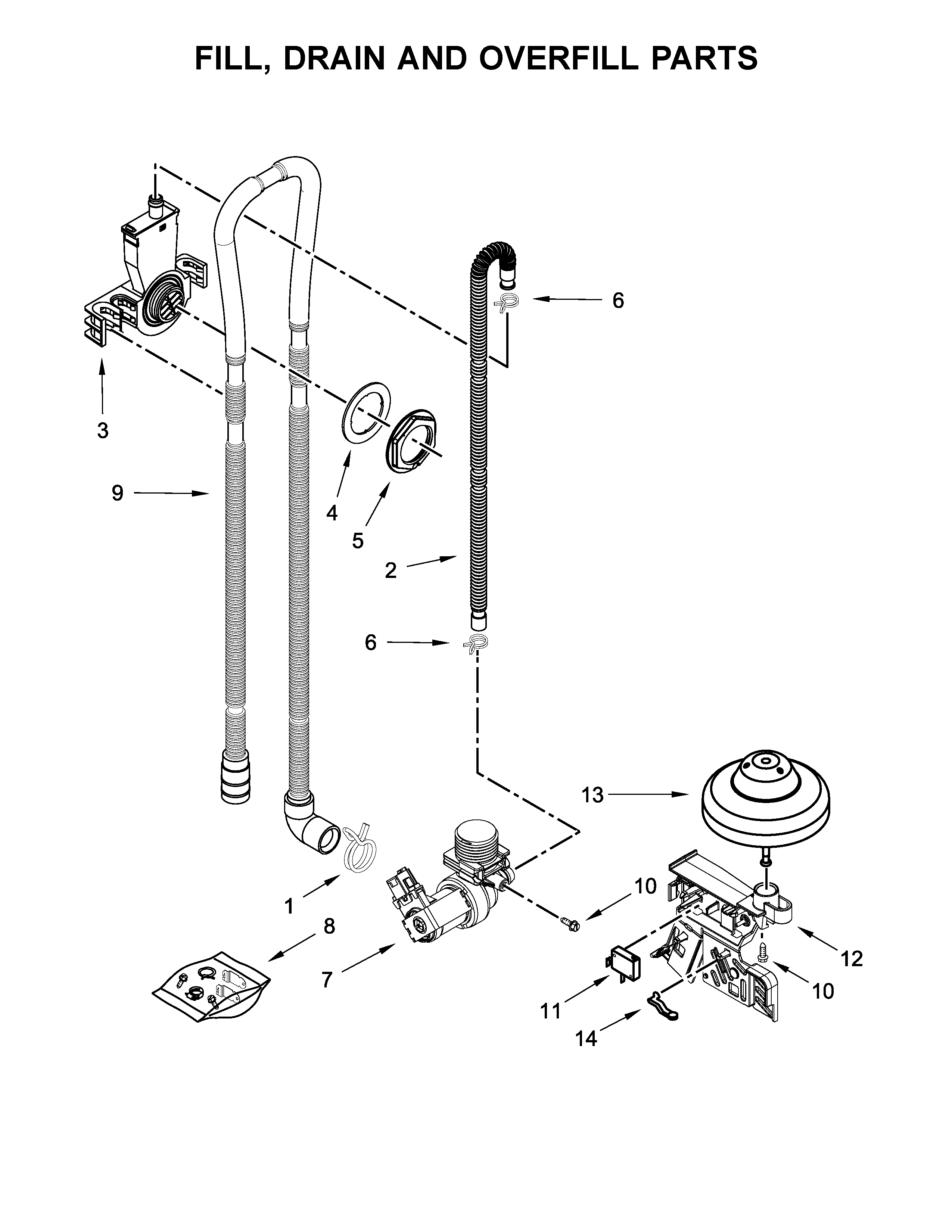 Fill, Drain And Overfill Parts Diagram and Parts List for IDF330PAGW0  Whirlpool Dishwasher