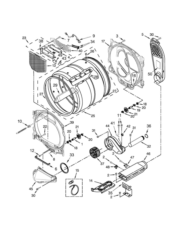 Bulkhead Parts Diagram and Parts List for WED8000DW1  Whirlpool Dryer