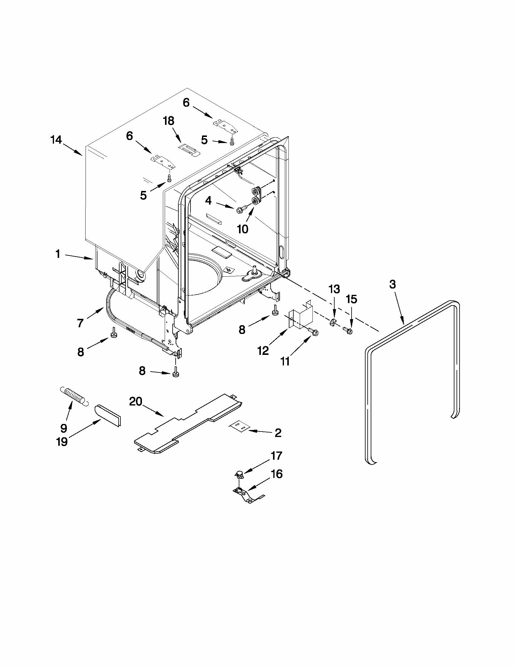 Tub And Frame Parts Diagram and Parts List for 66513019K113  Kenmore Dishwasher