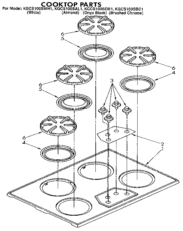 Cooktop Diagram and Parts List for KGCS100SAL1  KitchenAid Cooktop