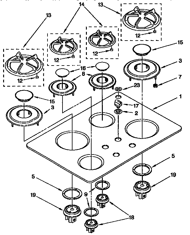 Cooktop, Burner And Grate Diagram and Parts List for KDDT07BAL0  KitchenAid Range