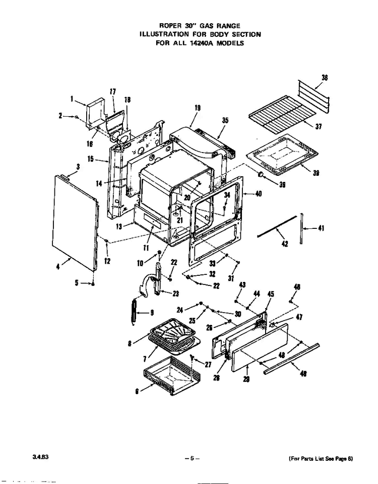 Body Diagram and Parts List for 1424*0A  Roper Range