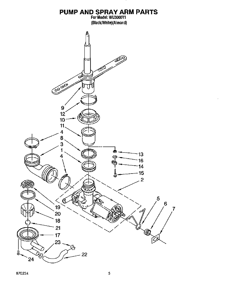 PUMP AND SPRAY ARM Diagram and Parts List for WU3000Y1  Roper Dishwasher