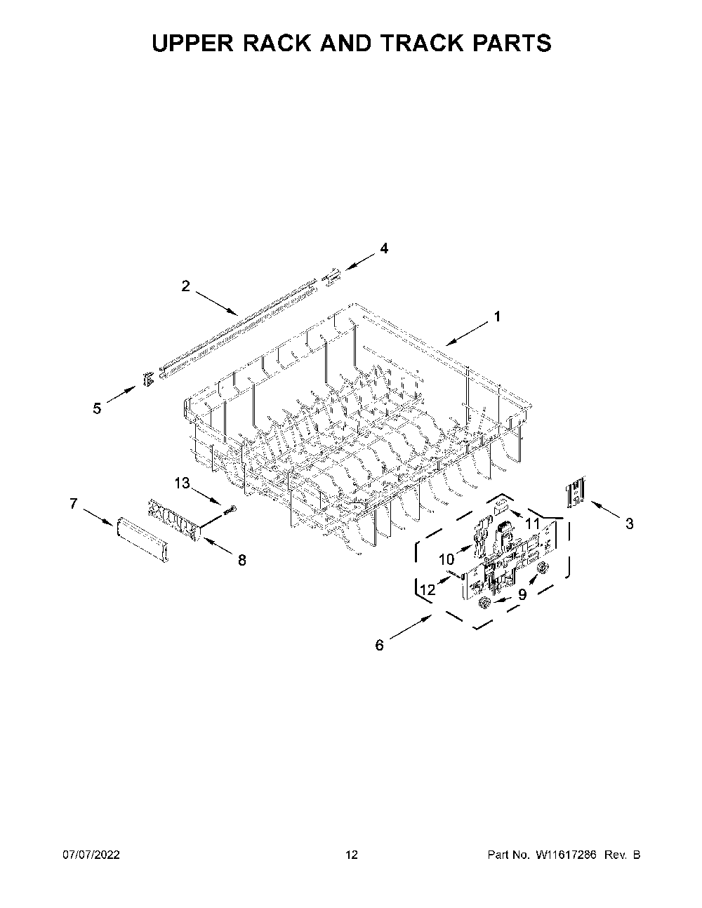 Upper Rack And Track Parts Diagram and Parts List for KDTE204KBL1  KitchenAid Dishwasher
