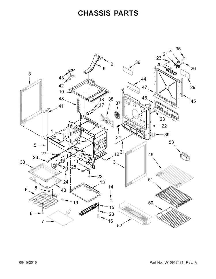 Chassis Parts Diagram and Parts List for KSEB900ESS1  KitchenAid Range