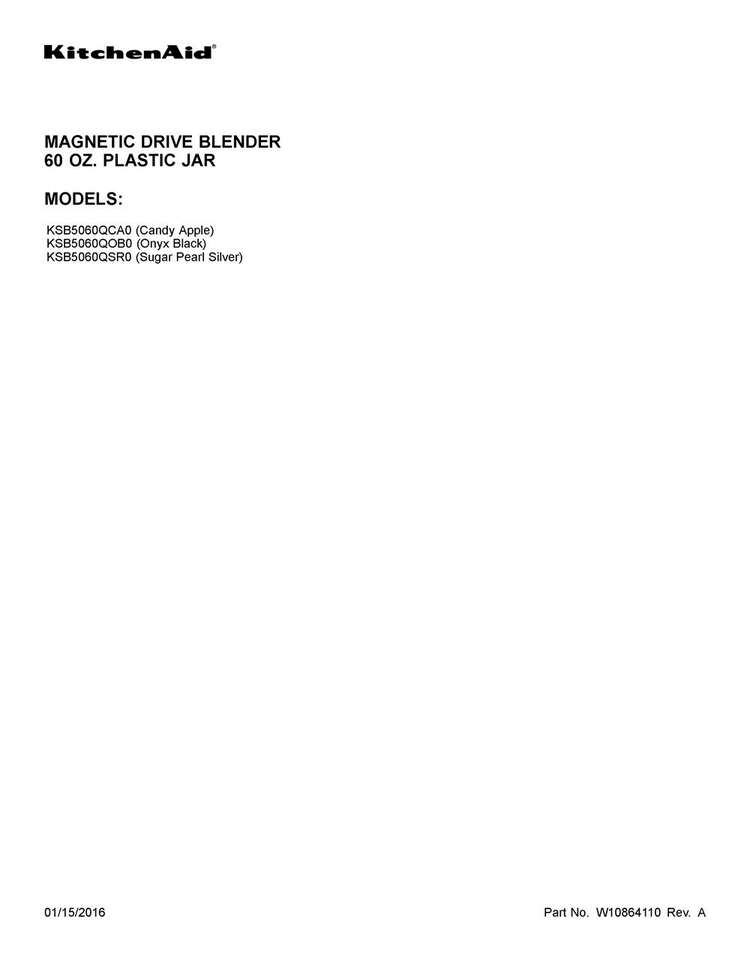 Cover Sheet Diagram and Parts List for KSB5060QSR0  KitchenAid Blender