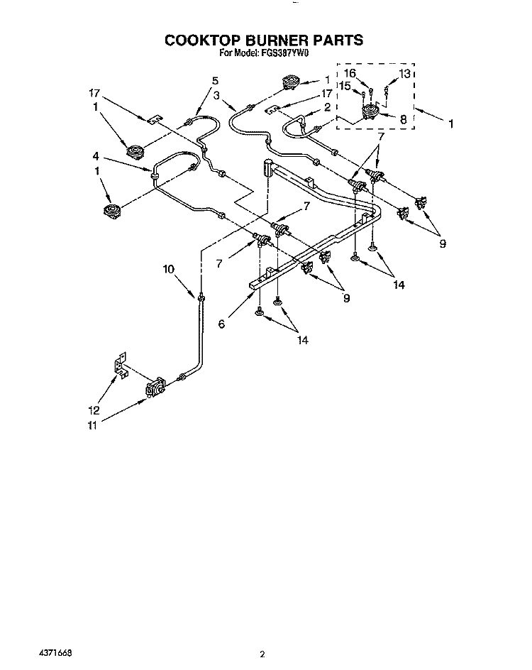 COOKTOP BURNER Diagram and Parts List for FGS387YW0  Roper Range