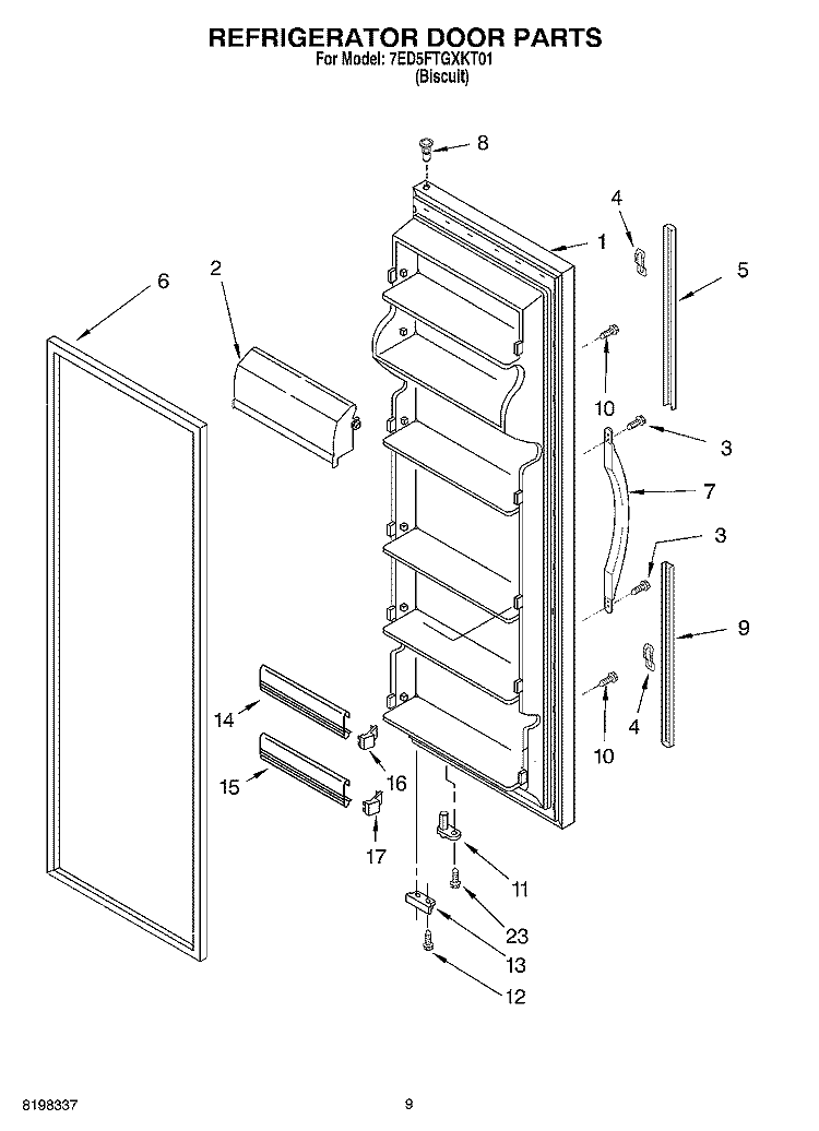 REFRIGERATOR DOOR Diagram and Parts List for 7ED5FTGXKT01  Whirlpool Refrigerator