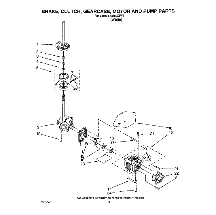 BRAKE, CLUTCH, GEARCASE, MOTOR AND PUMP Diagram and Parts List for LA3400XTW1  Whirlpool Washer