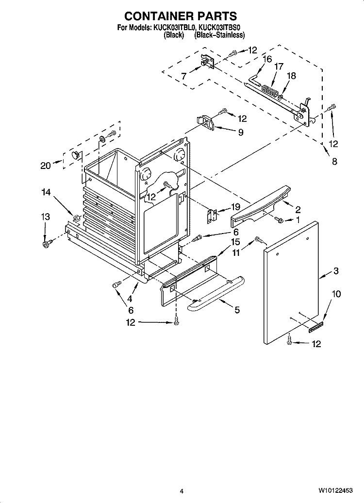 CONTAINER PARTS Diagram and Parts List for KUCK03ITBS0  KitchenAid Trash Compactor