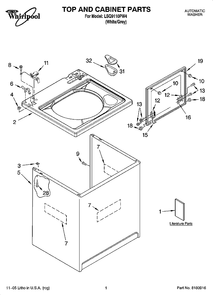 TOP AND CABINET PARTS Diagram and Parts List for LSQ9110PW4  Whirlpool Washer