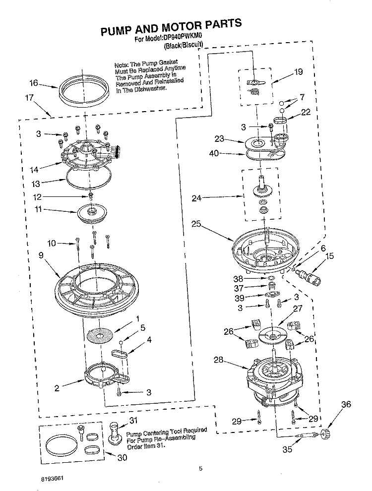 PUMP & MOTOR Diagram and Parts List for DP940PWKM0  Whirlpool Dishwasher